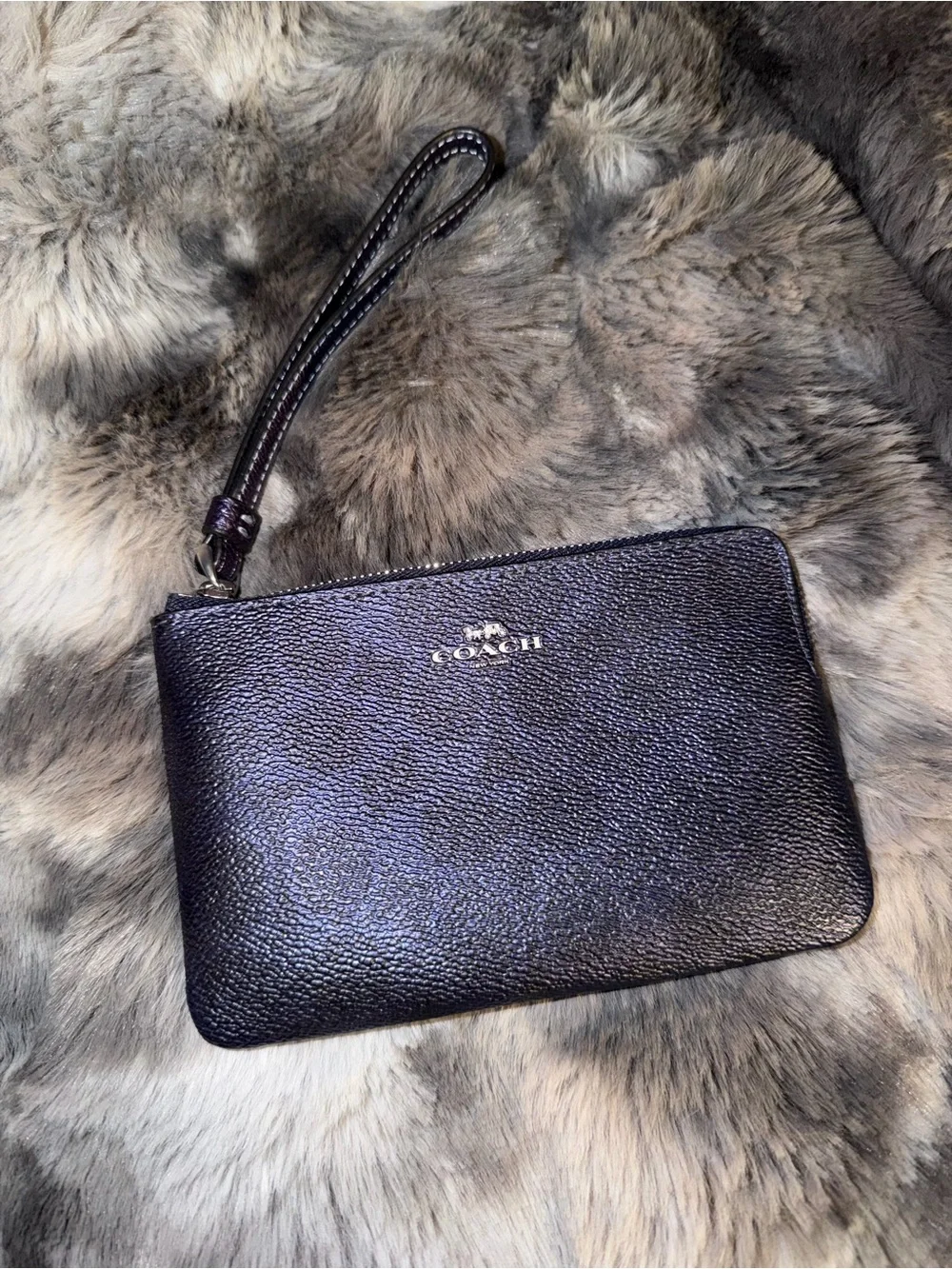 Coach Navy Blue Pebbled Leather Wristlet Pouch with Silver Hardware